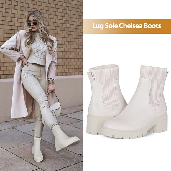 Women Cream Suede Low Wedge Heel Slip On Chunky Platform Chelsea Ankle Boots - Picture 2 of 6